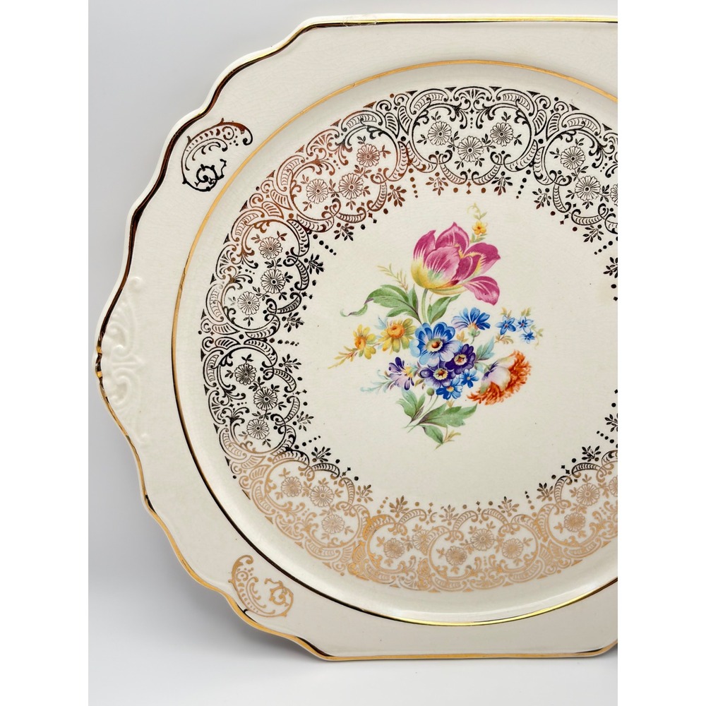 Harker Tulip Bouquet Handle Cake Plate 12 1/4" 22K Gold Trim Floral USA Vintage - Picture 4 of 7